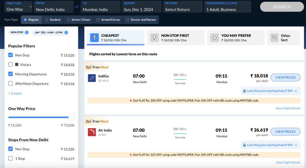 a screenshot of a flight schedule